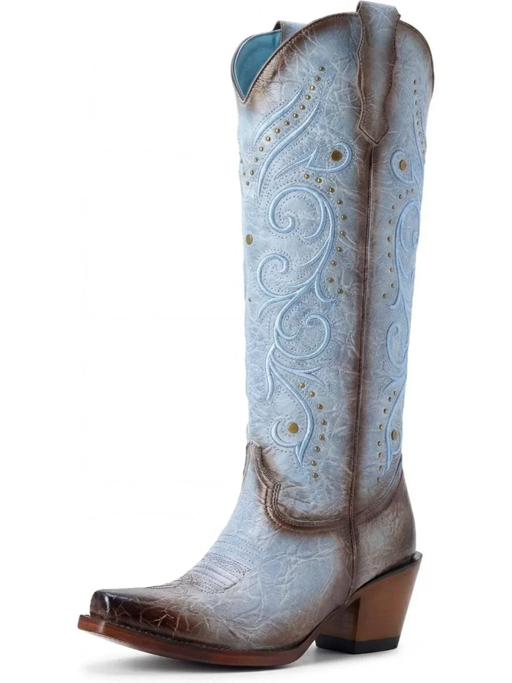 Women's Light Blue Polyurethane Pointed Toe Knee High Side Zipper Heel Boots